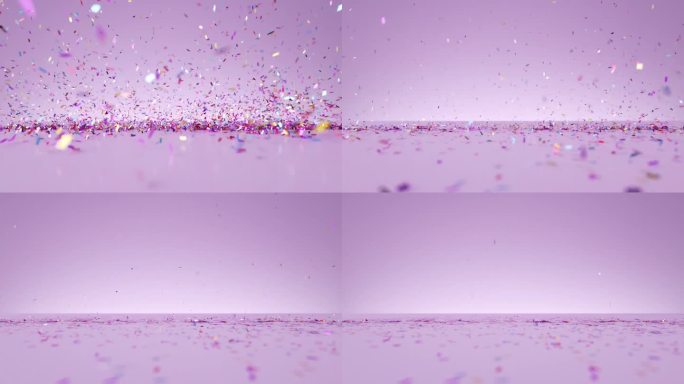 3D动画。五彩缤纷的彩带在浅紫色背景上爆发。庆祝壁纸。