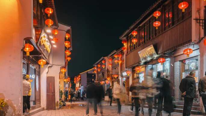 苏州山塘街游客人流夜景延时摄影