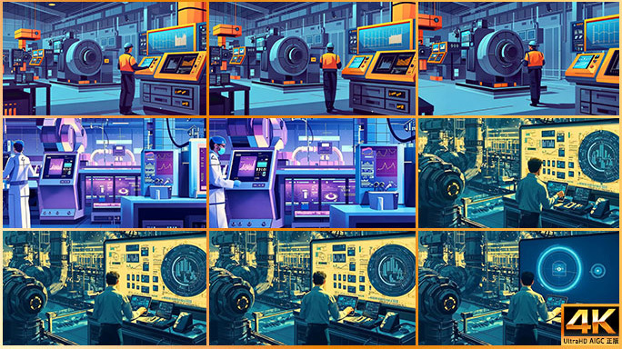 智能工厂操控台前动画 工人科技设备工厂车