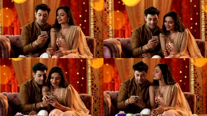 印度德里，兄弟姐妹坐在沙发上玩智能手机