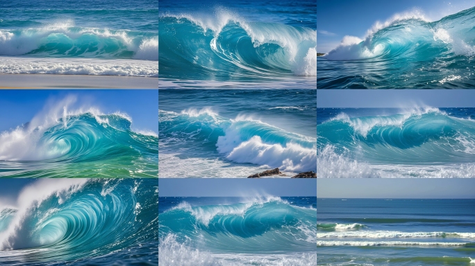 蓝色清澈海浪唯美清新海水透亮拍打浪花波涛