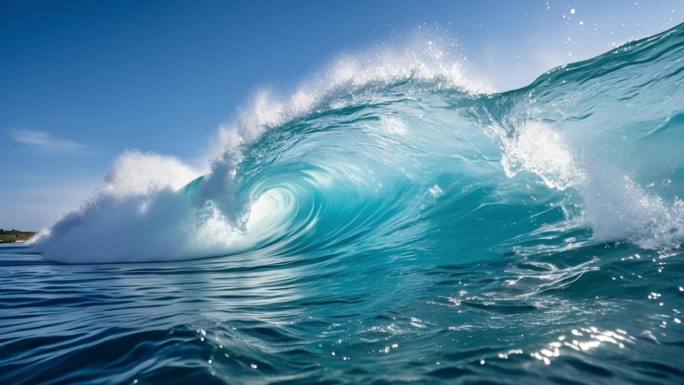 蓝色清澈海浪唯美清新海水透亮拍打浪花波涛