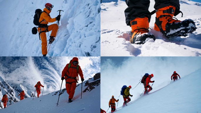 团队徒步励志攀登雪山奋斗登顶勇攀高峰登顶