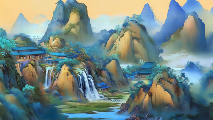 国风水墨千里江山图航拍背景