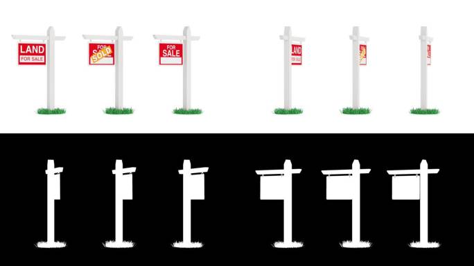 4K分辨率视频：房地产和土地出售的木制招牌，绿色草地上无缝循环旋转，背景为黄色，带有透明通道。