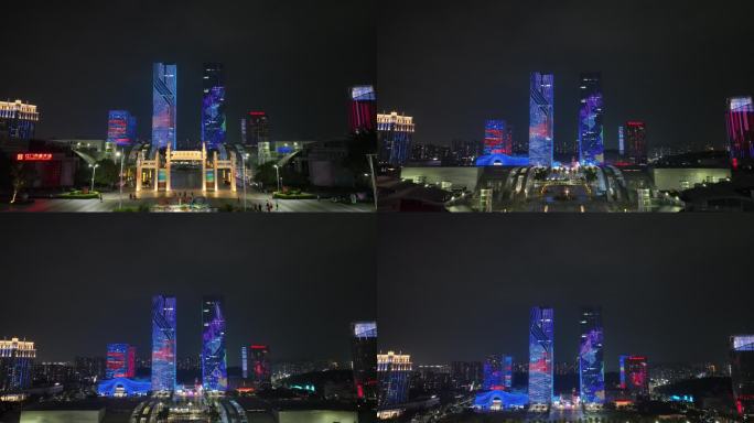 江门五邑华侨广场夜景航拍蓬江万达广场夜景