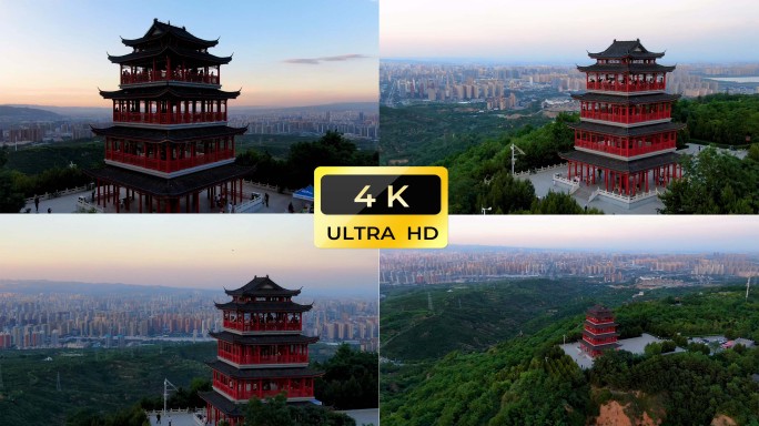 d太原西山万亩生态园启春阁航拍太原全景