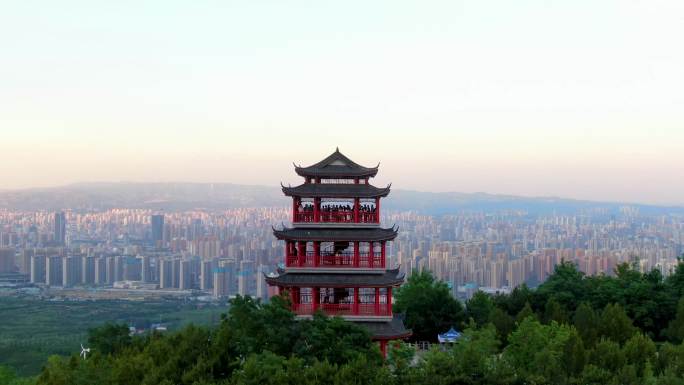 d太原西山万亩生态园启春阁航拍太原全景