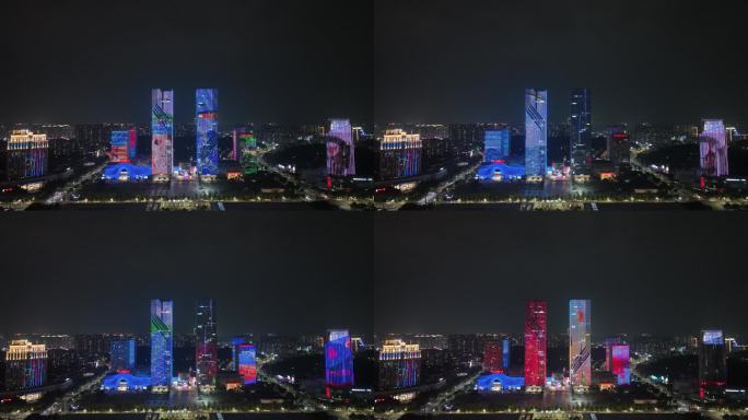 江门五邑华侨广场夜景航拍蓬江万达广场夜景