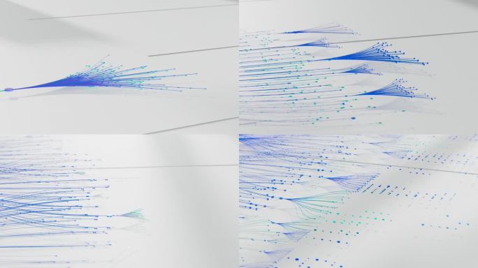动态特写动画：色彩斑斓的分支人工智能神经网络在白色背景上。大型语言模型、人工智能、复杂算法、聊天机器