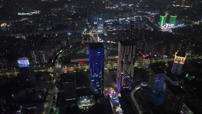 江门五邑华侨广场夜景航拍蓬江万达广场夜景