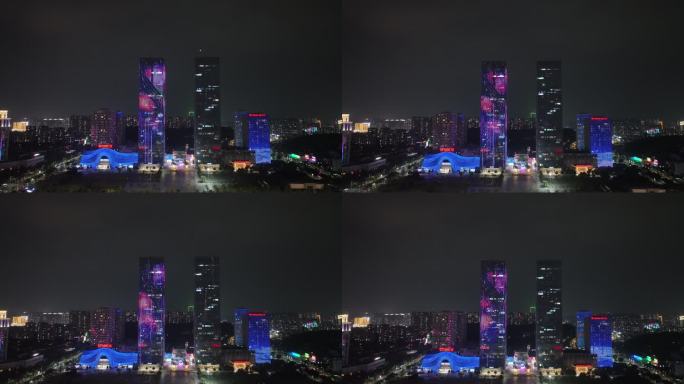 江门五邑华侨广场夜景航拍蓬江万达广场夜景