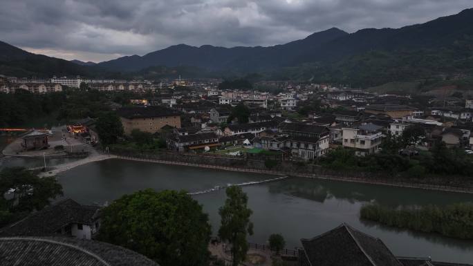 航拍福建漳州南靖县云水谣景区土楼夜景