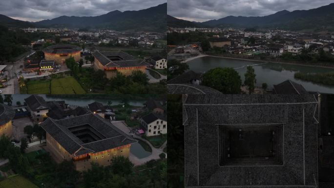航拍福建漳州南靖县云水谣景区土楼夜景