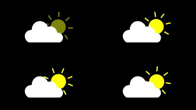 阴天天气图标，独立于黑色背景。动画风暴符号，带有降雨、云的反射表面、阳光明媚的日子、月亮、雪花、风、