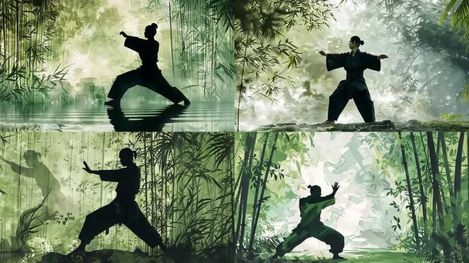 国风水墨竹林太极、武术、练武和武侠素材