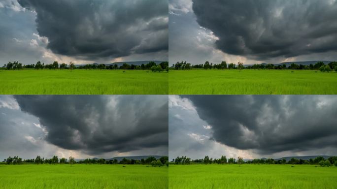 一朵戏剧性的黑暗暴风云逼近一片郁郁葱葱的绿野，形成自然宁静与愤怒之间的对比。
