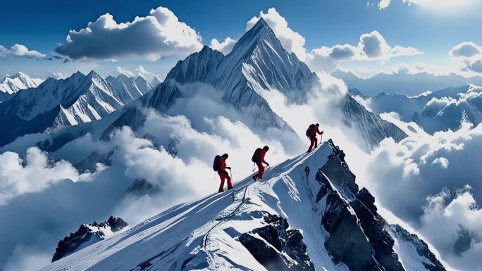 团队徒步励志攀登雪山奋斗登顶登山勇攀高峰