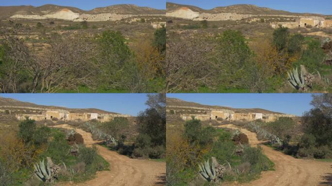 拍摄，废弃的房子和野生芦荟在金色的沙漠景观