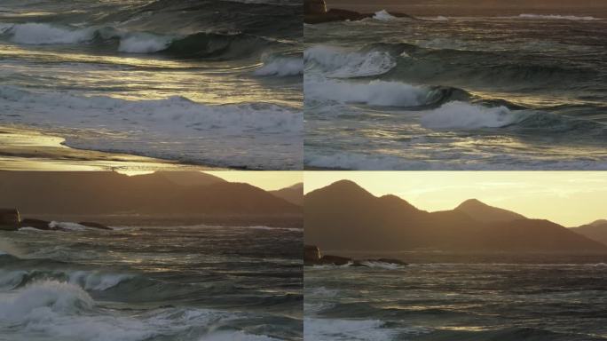 倾斜拍摄的海浪打破伊帕内玛海滩在日落