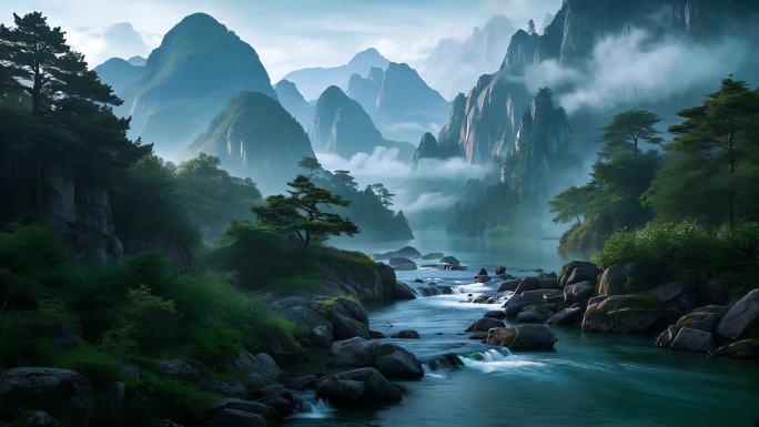 唯美中国风山水瀑布溪流风景