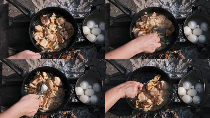 篝火烹饪：鸡肉和鸡蛋