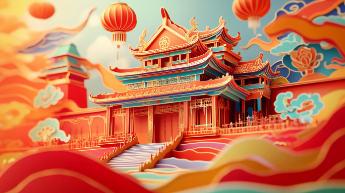 喜庆国潮中国风剪纸新年春节元宵节舞台背景