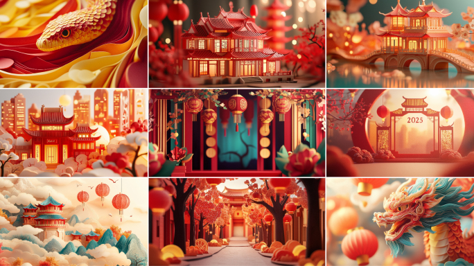 喜庆国潮中国风剪纸新年春节元宵节舞台背景