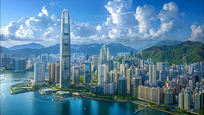 绝美香港维多利亚湾金融中心航拍延时ai素