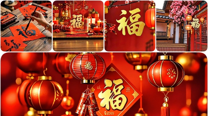 4K红色中国年喜庆新年元素福字福袋红灯笼