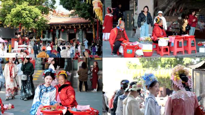 泉州蟳埔村现状浔埔妈祖庙广场簪花游客