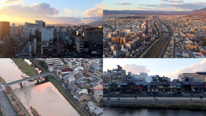 4K京都鸭川四条夕阳落日航拍