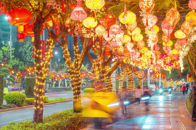 春节道路灯笼氛围延时