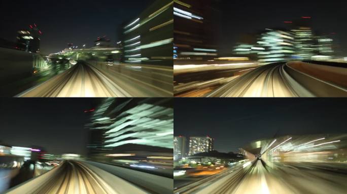 T/L WS POV高架火车在夜晚穿过城市/日本东京