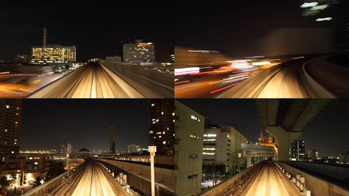 T/L WS POV高架火车在夜晚穿过城市/日本东京