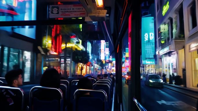 夜晚公交车窗外霓虹的闪烁