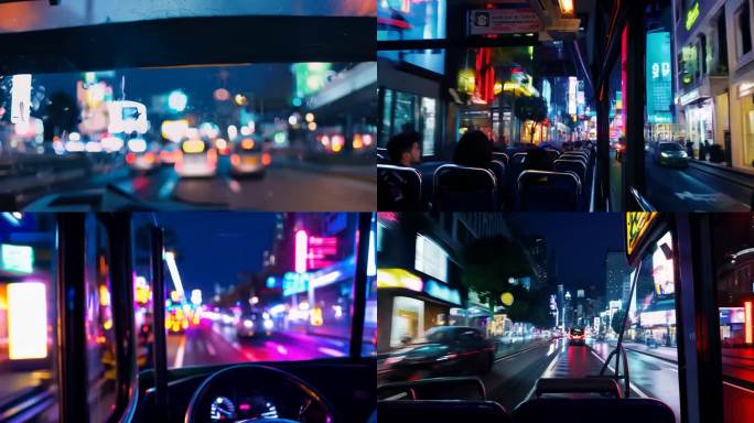 夜晚公交车窗外霓虹的闪烁