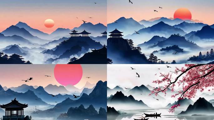 新中式山水千里江山国风背景