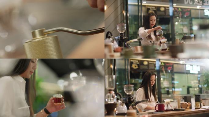 美女手磨咖啡 美女做咖啡 手冲咖啡喝咖啡