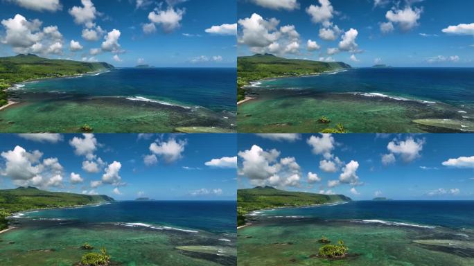 萨摩亚热带海滩和海浪的鸟瞰图。