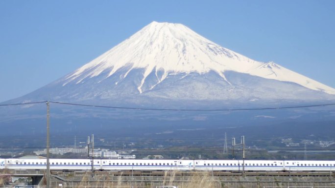 日本新干线高速列车经过日本静冈县富士山