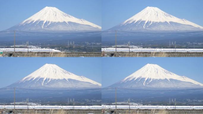 日本新干线高速列车经过日本静冈县富士山