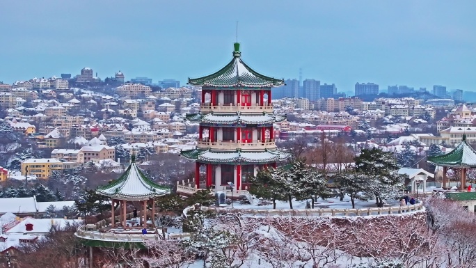 雪后青岛小鱼山老城区航拍