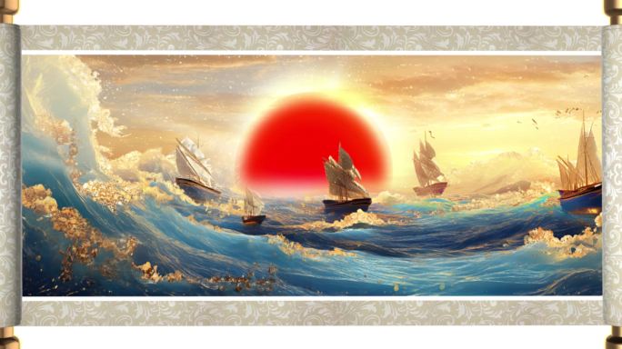4K片头 画轴 大海 扬帆起航 日出