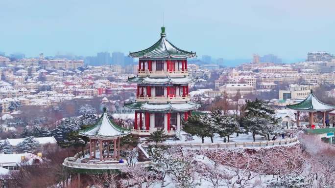 雪后青岛小鱼山老城区航拍