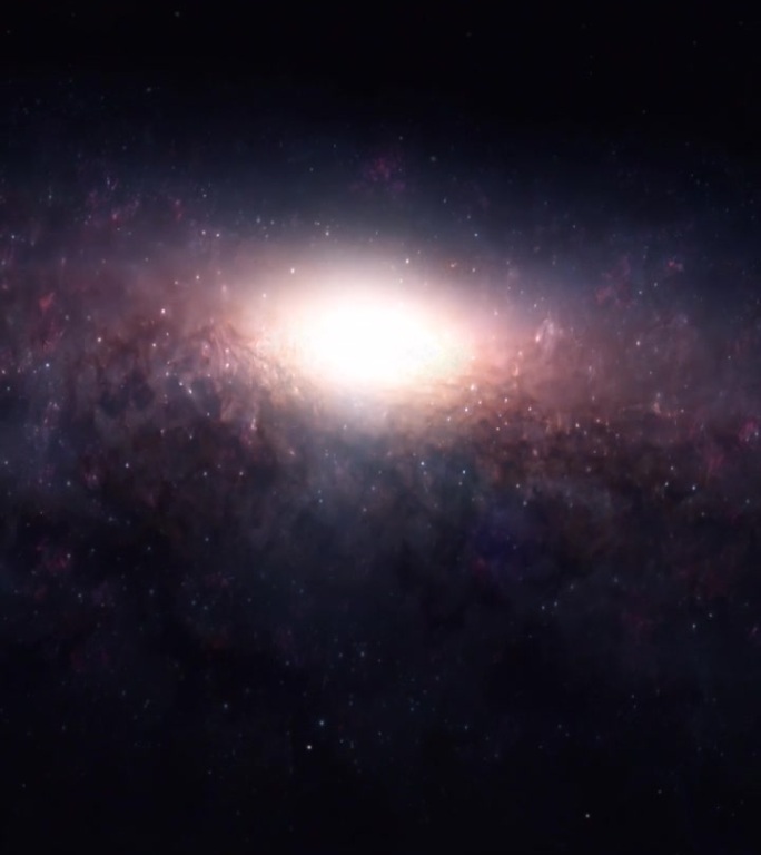 垂直建立镜头：缓慢旋转的螺旋星系，展示星星围绕中央核心移动。