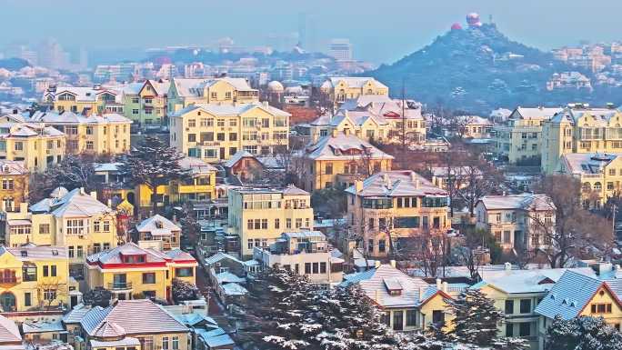 雪后青岛老城区航拍