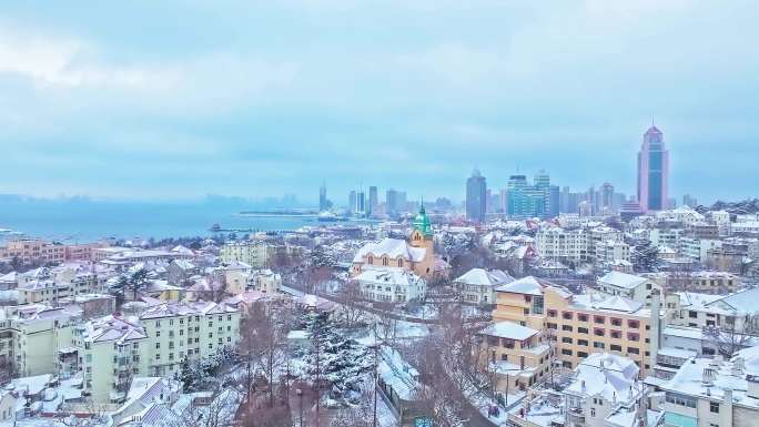 青岛老城区雪景航拍