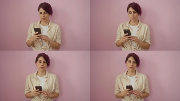 自信的年轻白人女性在粉色背景下，面带严肃表情和态度，思考着使用智能手机。