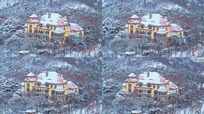 雪后青岛迎宾馆老城区航拍